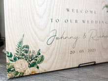 Welcome to our wedding sign with white roses by The Broken Plank.
