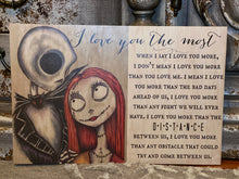 "Jack and Sally in Love" Sign printed on wood. This handcrafted sign is perfect for your special someone. Handcrafted products. Made in Texas!