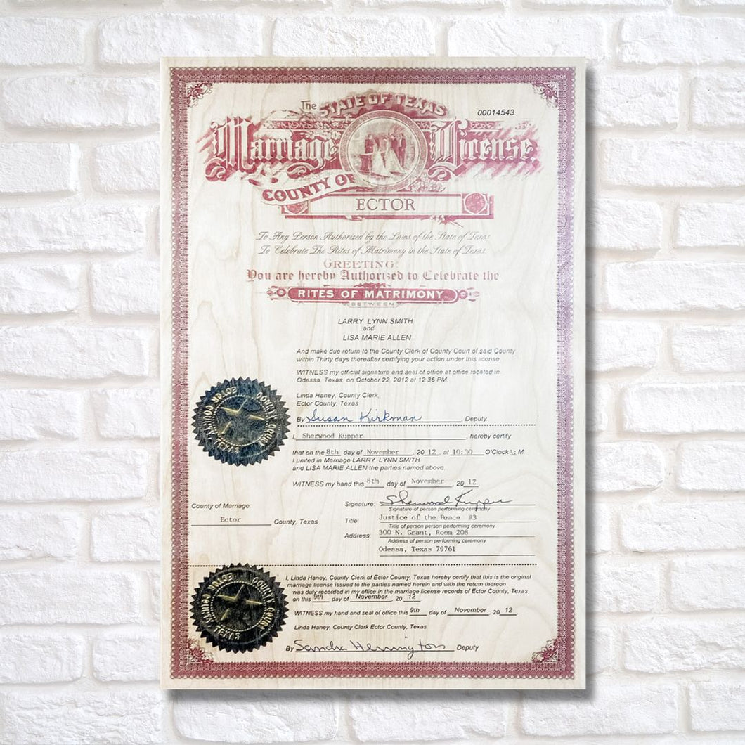 The Broken Plank prints your marriage certificate on wood! Our handcrafted products are made in Texas! Want to personalize or restore your marriage certificate? Click the option below!