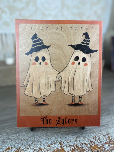 Trick or Treat Ghosts Holding Hands Personalized Wooden Sign. Adorable for your fall decor.  Handcrafted and Made in Texas!