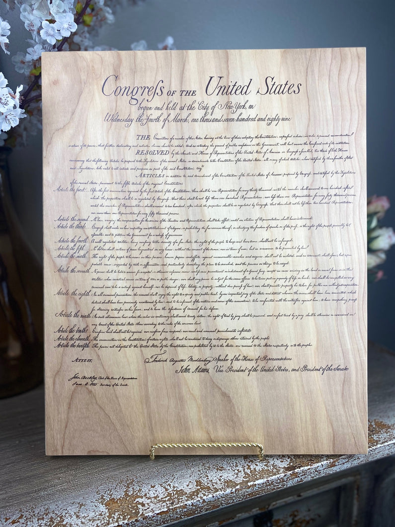 The Bill Of Rights (First Page) Printed on Wood