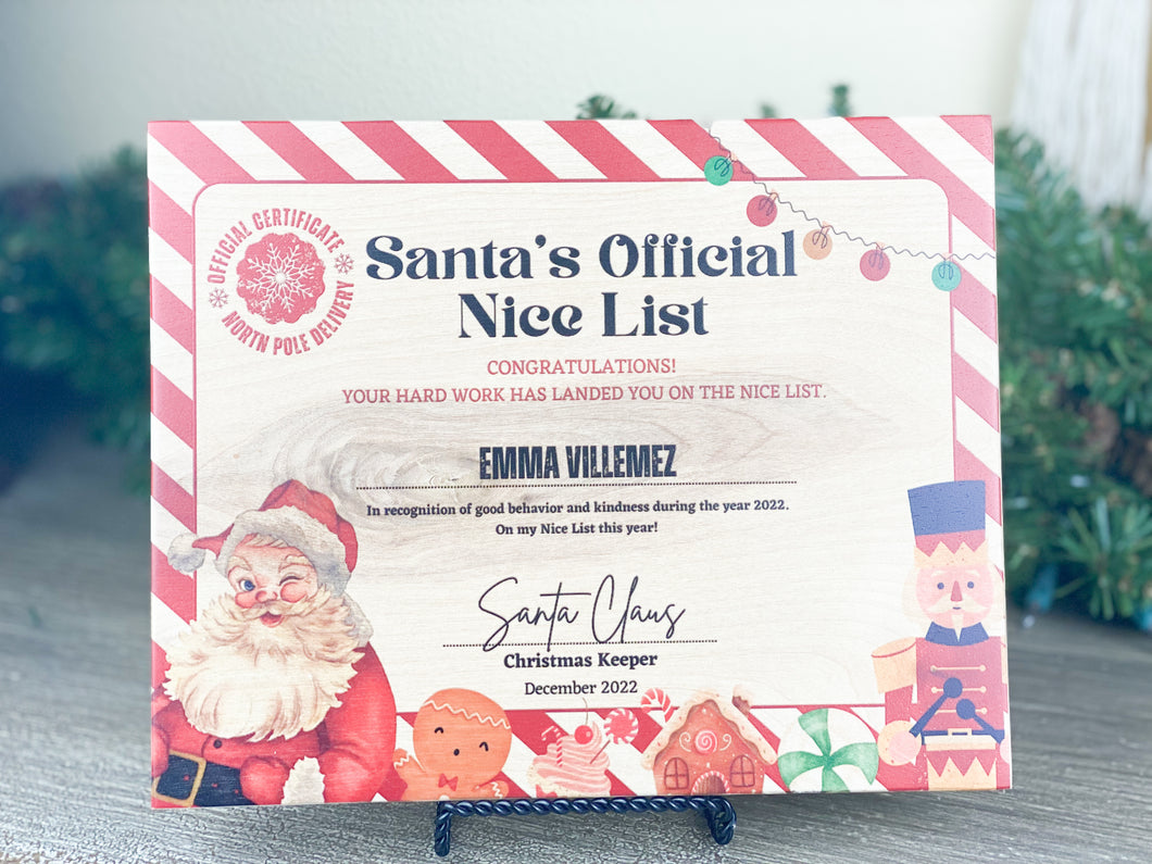 Santa's Official Nice list Certificate on wood