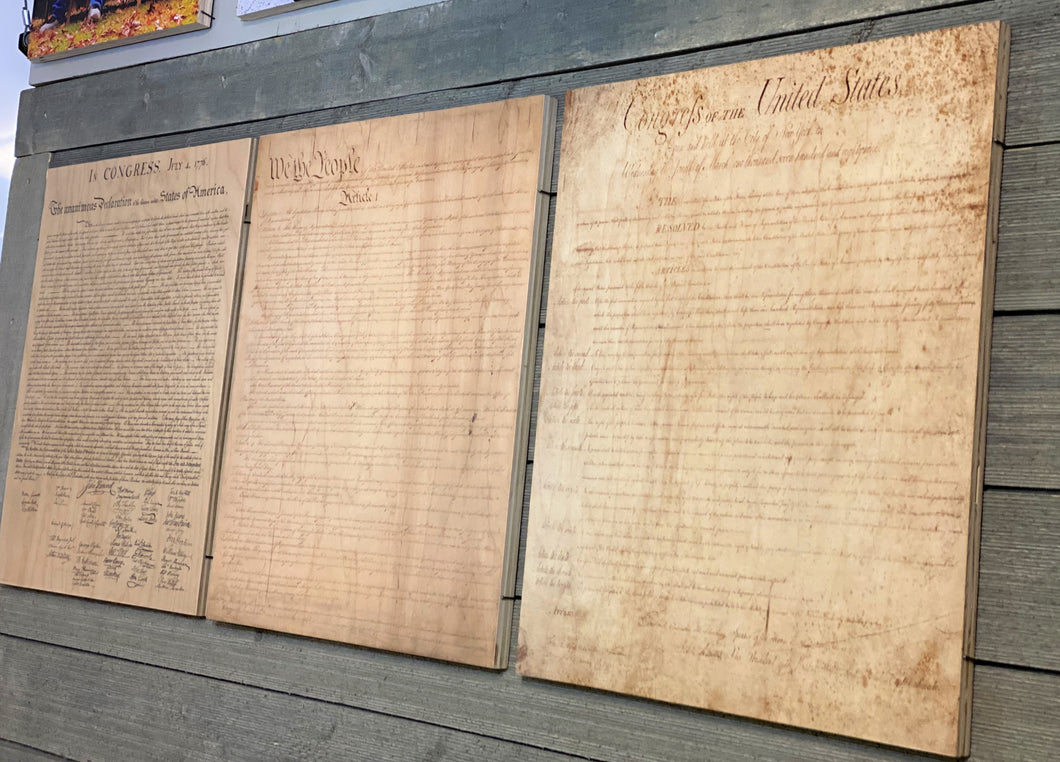 Declaration of Independenc, Bill of Rights, Constitution of the United States of America printed on wood. Three piece set.