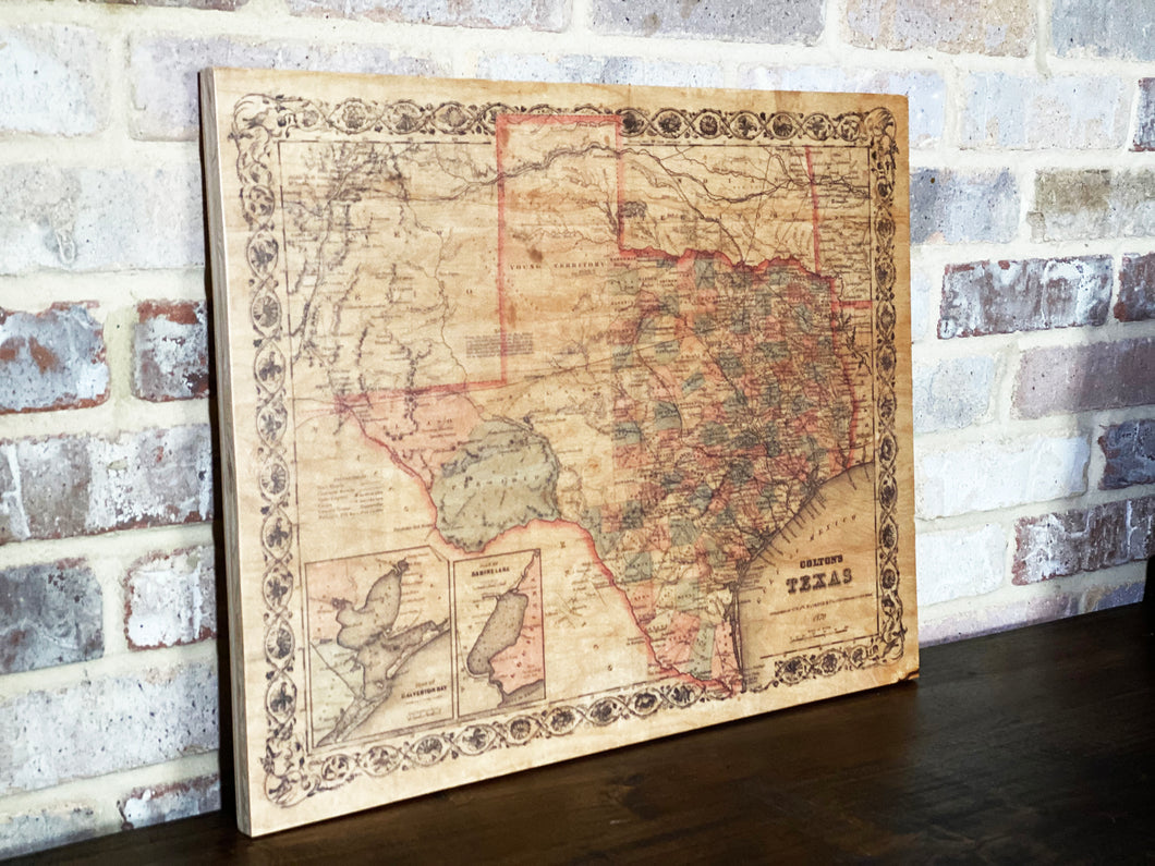 Vintage Texas map of 1870 printed on wood