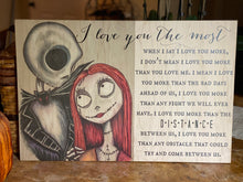 "Jack and Sally in Love" Sign printed on wood. This handcrafted sign is perfect for your special someone. Handcrafted products. Made in Texas!
