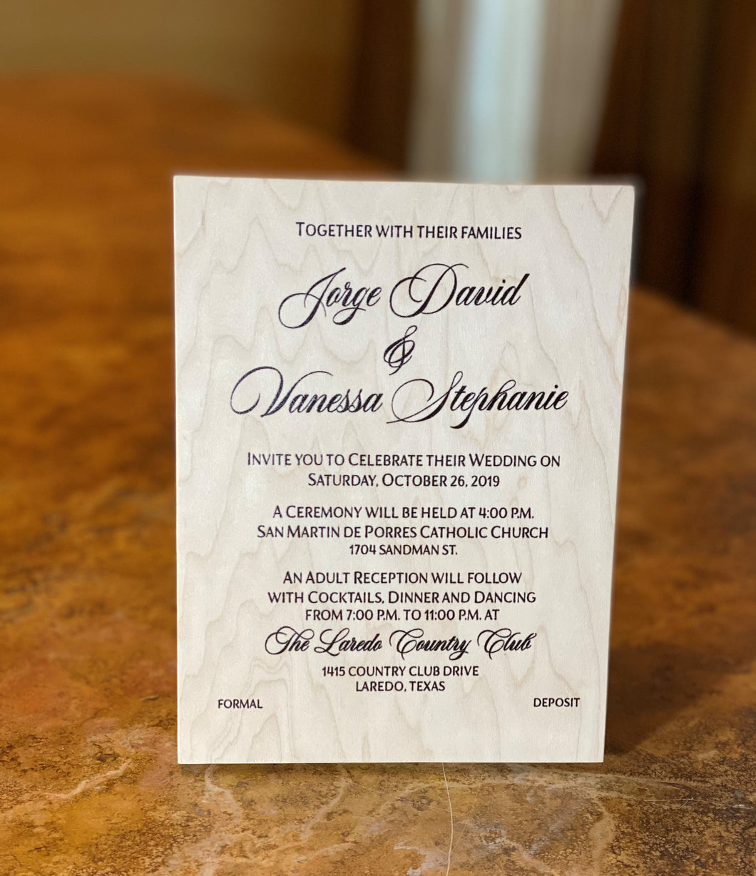 Wedding Invitation printed on wood
