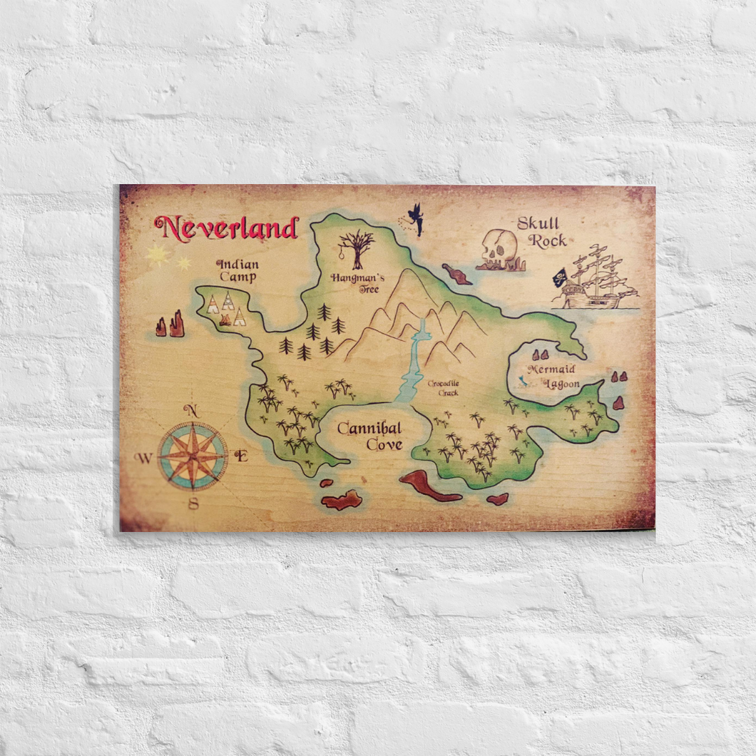 Custom wooden Neverland map. Peter Pan and Captain Hooks map.