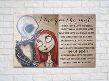 "Jack and Sally in Love" Sign printed on wood. This handcrafted sign is perfect for your special someone. Handcrafted products. Made in Texas!