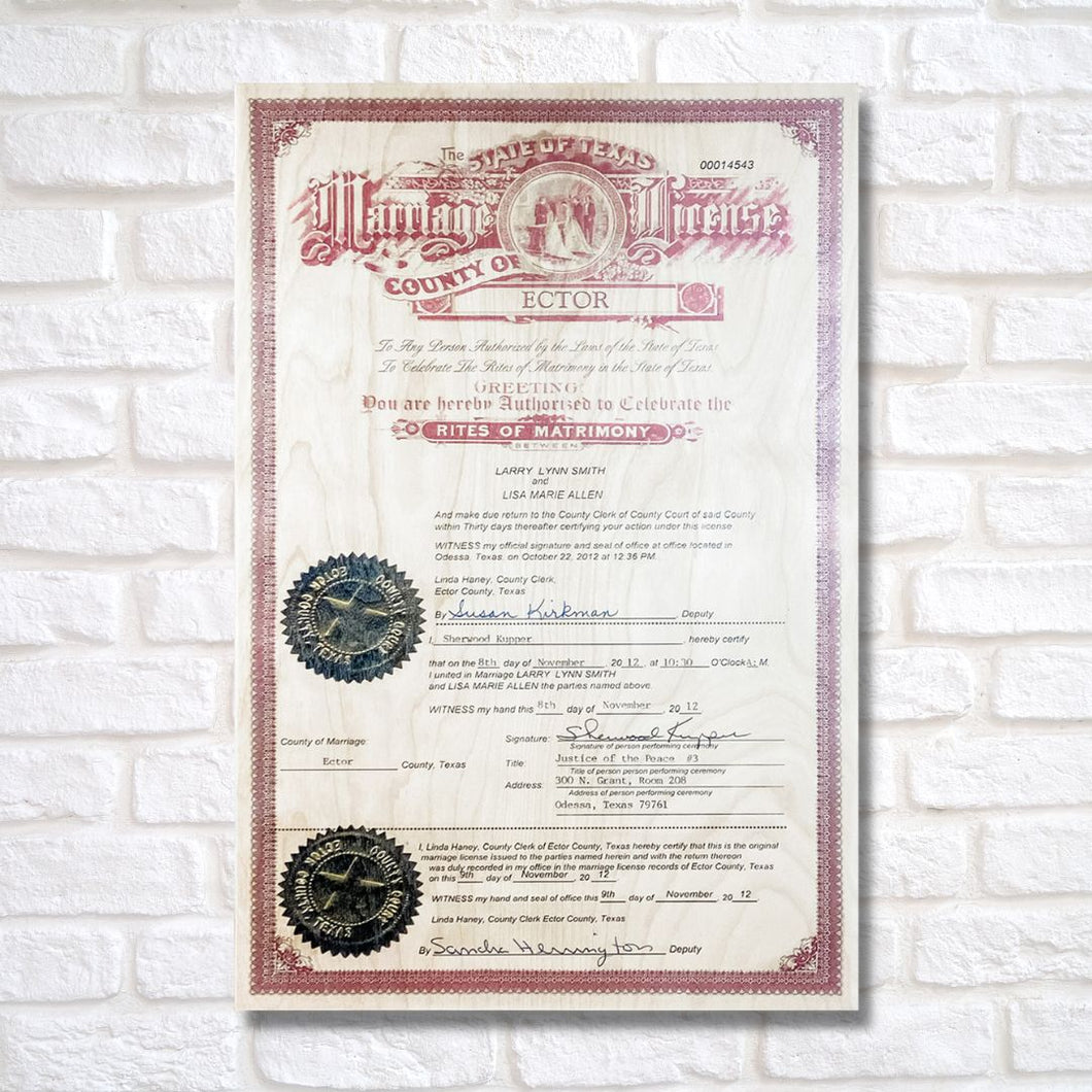 The Broken Plank prints your marriage certificate on wood! Our handcrafted products are made in Texas! Want to personalize or restore your marriage certificate? Click the option below! 